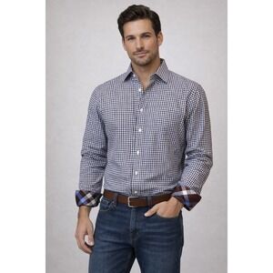 Thomas Dean Men's Gingham Button Down Shirt Long‎ Sleeve Cas Dress Blue Brown L